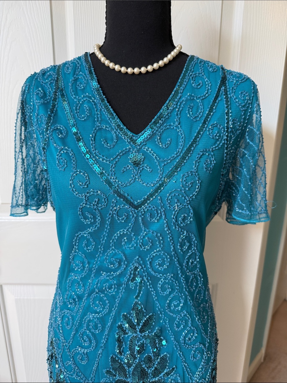 Flapper Style Teal Beaded Fringe Evening Dress - Picture 3 of 7
